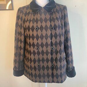 Tosca Couture Blk & Brwn Harlequin Design w/ Velvet Cuff & Collar Jacket Petite